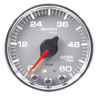 Autometer Spek-Pro Gauge Boost 2 1/16in 60psi Stepper Motor W/Peak & Warn Slvr/Chrm AutoMeter Gauges