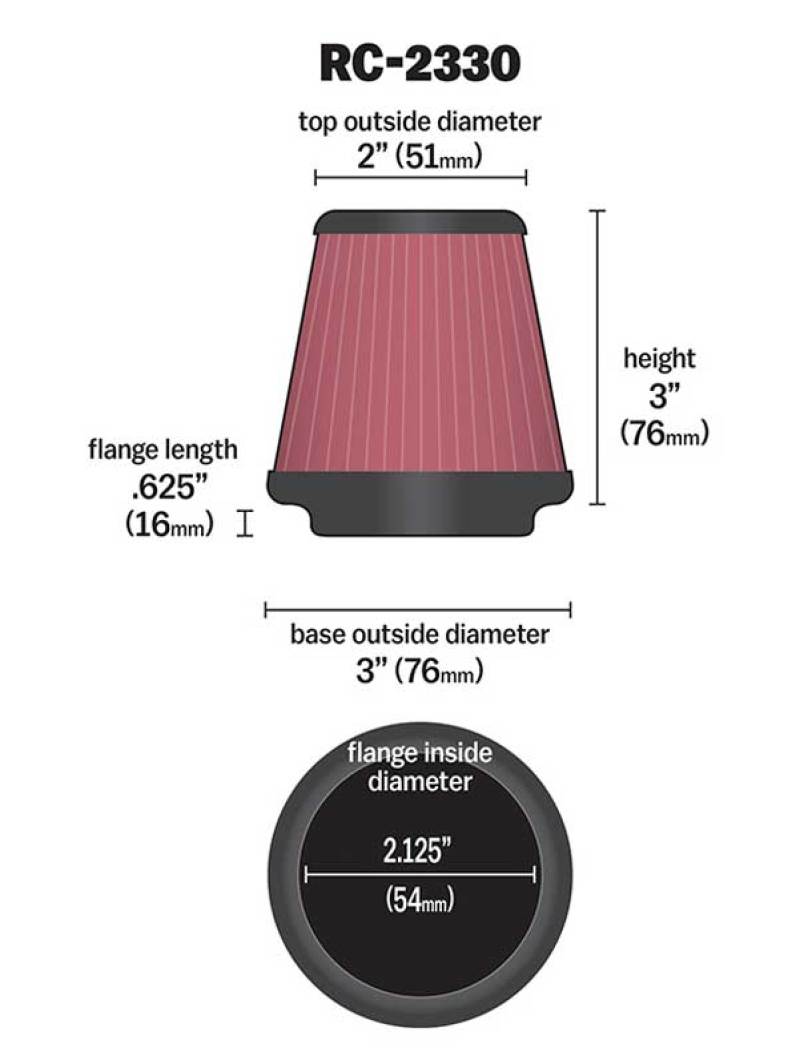 K&N Universal Chrome Filter 2 1/8 inch FLG / 3 inch Bottom / 2 inch Top / 3 inch Height