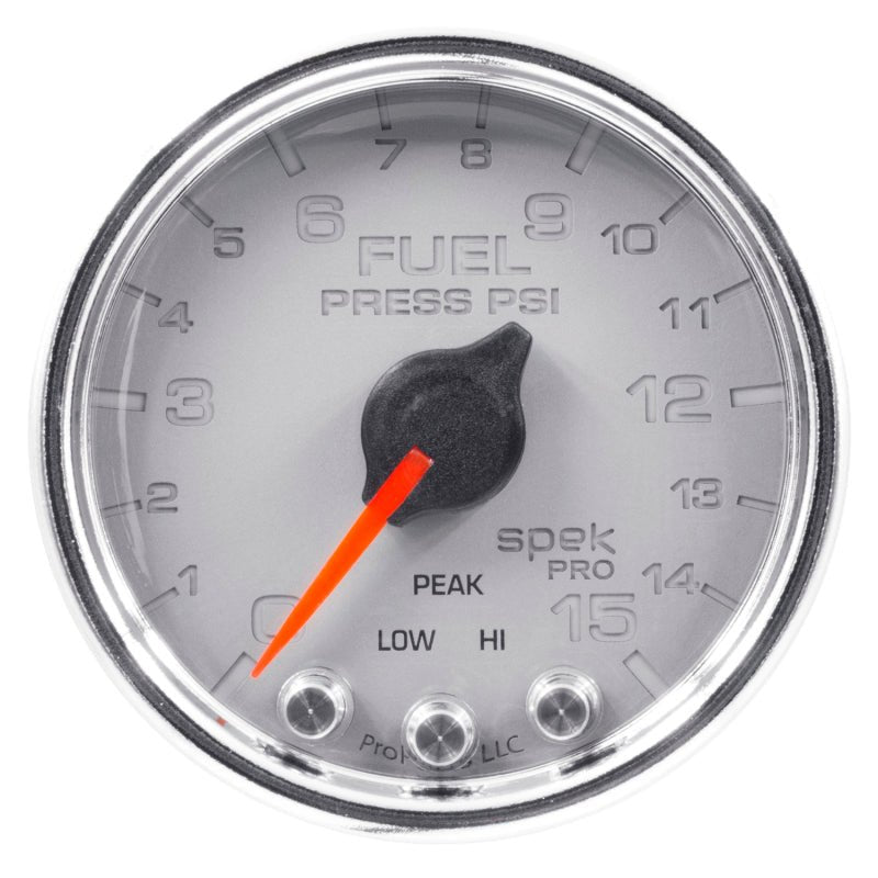 Autometer Spek-Pro Gauge Fuel Press 2 1/16in 15psi Stepper Motor W/Peak & Warn Slvr/Chrm AutoMeter Gauges