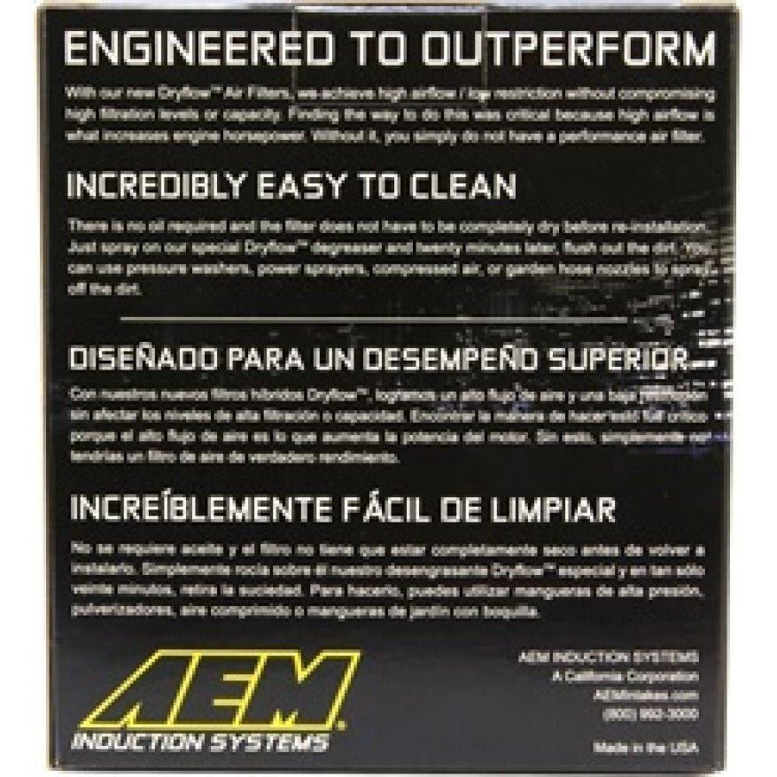 AEM Dryflow Air Filter - Oval 6.06in x 4.5in Base LxW / 6in x 4in Top LxW / 5.13in H 2.75in Flange AEM Induction Air Filters - Universal Fit