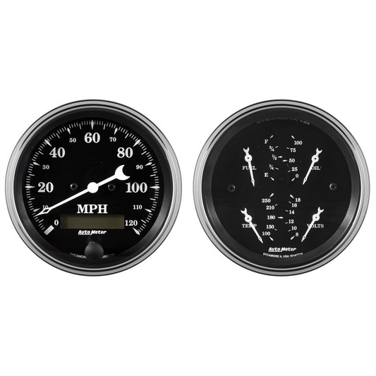 Auto Meter Gauge Kit 2 pc. Quad & Speedometer 3 3/8in Old Tyme Black AutoMeter Gauges