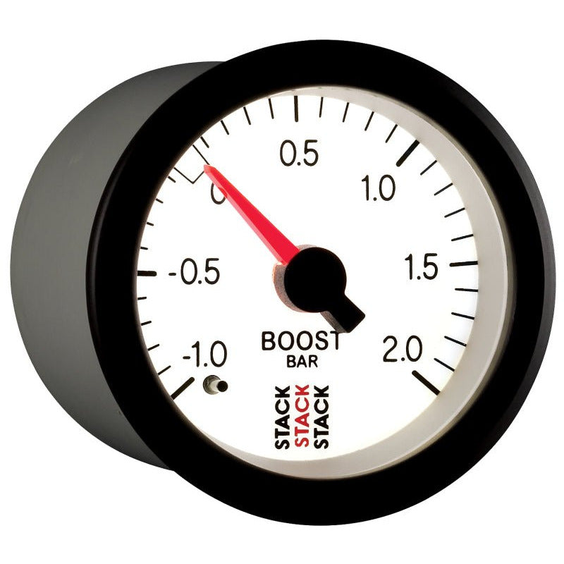 Autometer Stack 52mm -1 to +2 Bar T-Fitting 0.187in Barb (M) Mechanical Boost Pressure Gauge - White AutoMeter Gauges