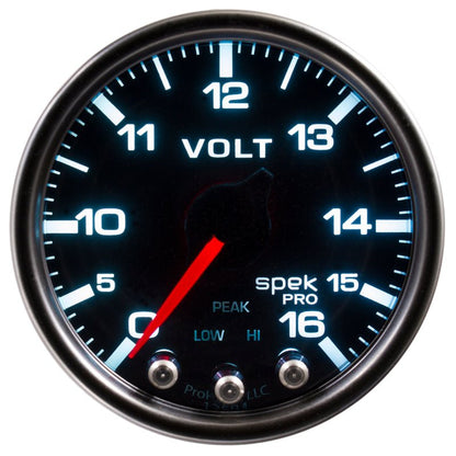 Autometer Spek-Pro Gauge Voltmeter 2 1/16in 16V Stepper Motor W/Peak & Warn Blk/Smoke/Blk AutoMeter Gauges