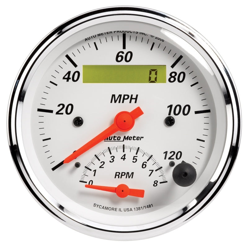 AutoMeter Gauge Tach/Speedo 3-3/8in. 120MPH & 8K RPM Elec. Program. Arctic White AutoMeter Gauges