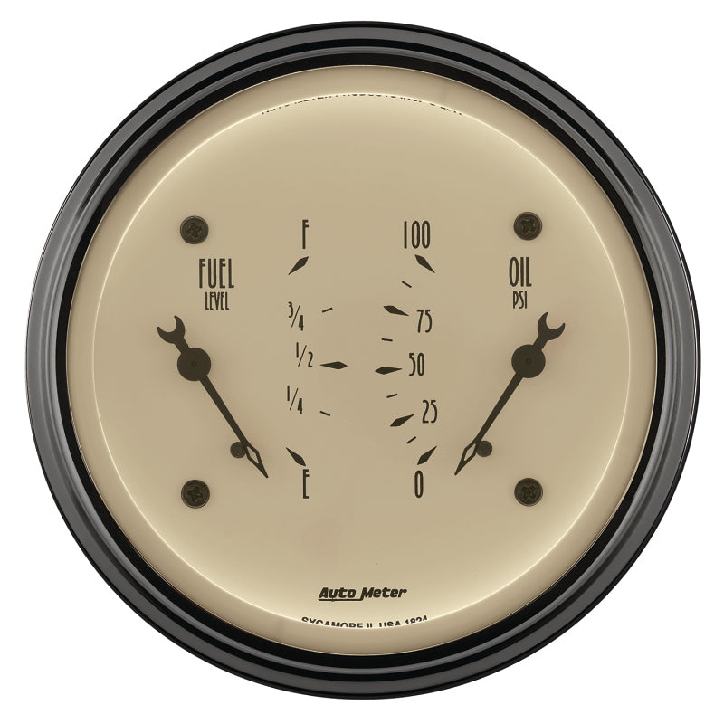 AutoMeter Gauge Dual Fuel & Oilp 3-3/8in. 0 Ohm(e) to 90 Ohm(f)& 100PSI Elec Antq Beige AutoMeter Gauges