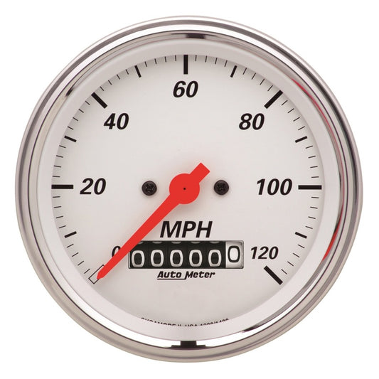 AutoMeter Gauge Speedometer 3-3/8in. 120MPH Elec. Prog. W/ Wheel Odo Arctic White AutoMeter Gauges