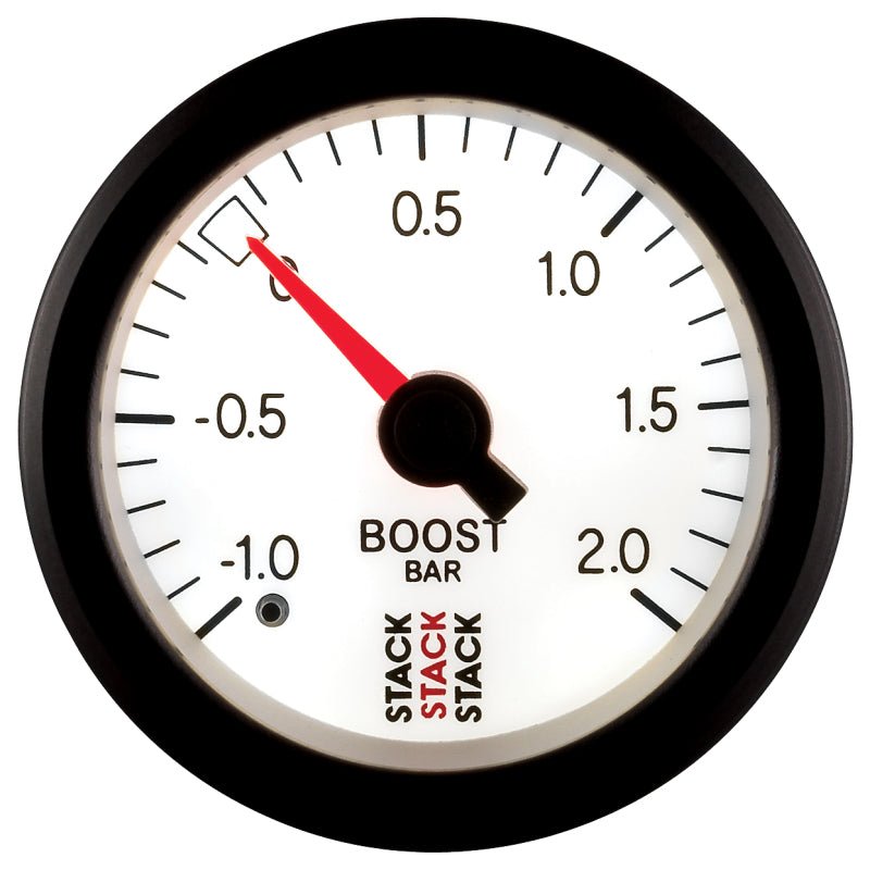 Autometer Stack 52mm -1 to +2 Bar T-Fitting 0.187in Barb (M) Mechanical Boost Pressure Gauge - White AutoMeter Gauges