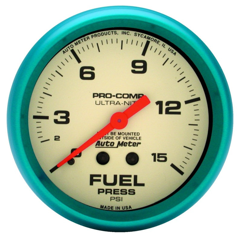 AutoMeter Gauge Fuel Press 2-5/8in. 15PSI Mech. Glow In The Dark Ultra-Nite AutoMeter Gauges