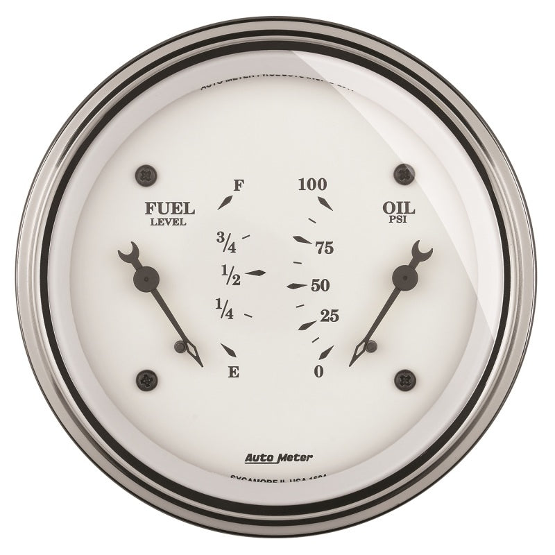 AutoMeter Gauge Dual Fuel & Oilp 3-3/8in. 240 Ohm(e) to 33 Ohm(f) & 100PSI Elec Old Tyme Wht AutoMeter Gauges