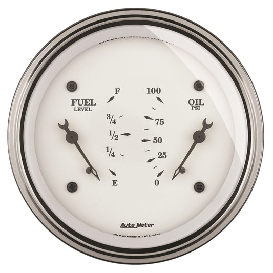 AutoMeter Gauge Dual Fuel & Oilp 3-3/8in. 240 Ohm(e) to 33 Ohm(f) & 100PSI Elec Old Tyme Wht AutoMeter Gauges