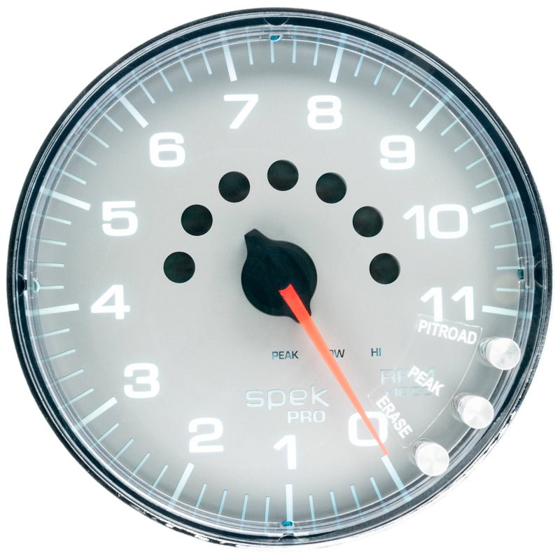 Autometer Spek-Pro Gauge Tachometer 5in 11K Rpm W/Shift Light & Peak Mem Silver/Chrome AutoMeter Gauges