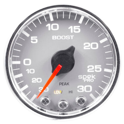 Autometer Spek-Pro Gauge Vac/Boost 2 1/16in 30Inhg-30psi Stepper Motor W/Peak & WarnSilver/Chrome AutoMeter Gauges