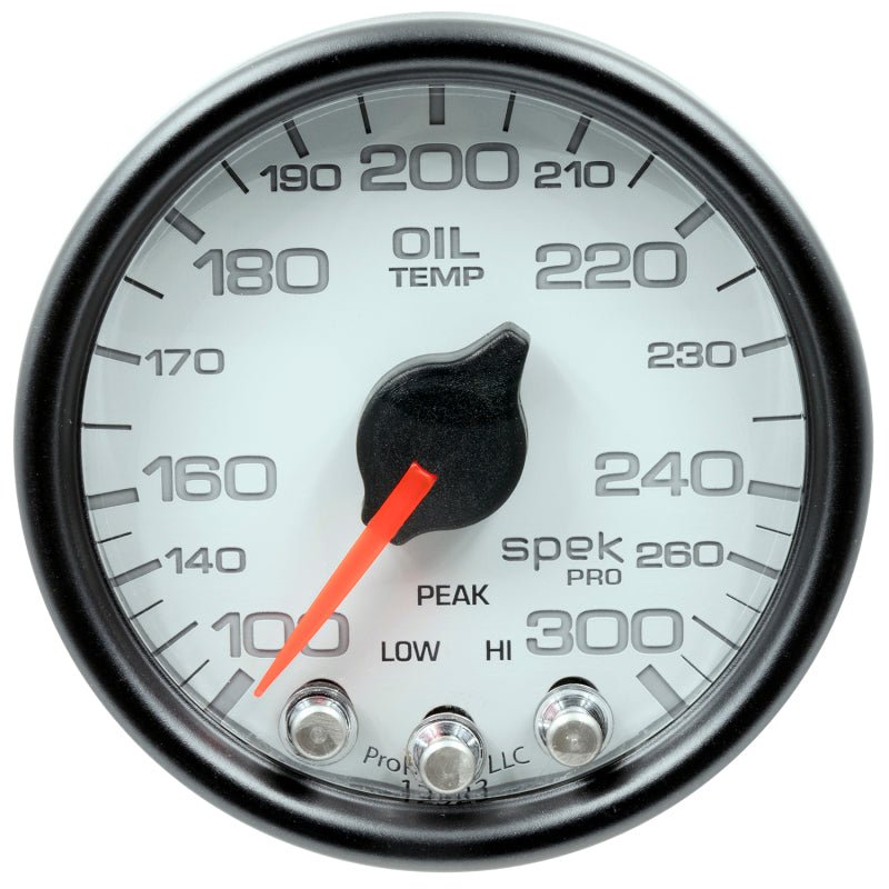 Autometer Spek-Pro Gauge Oil Temp 2 1/16in 300f Stepper Motor W/Peak & Warn Wht/Blk AutoMeter Gauges