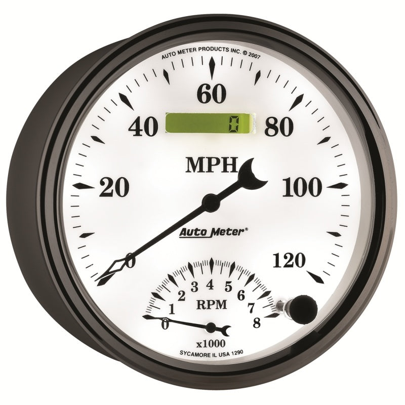 AutoMeter Gauge Tach/Speedo 5in. 120MPH & 8K RPM Elec. Program Old Tyme White II AutoMeter Gauges