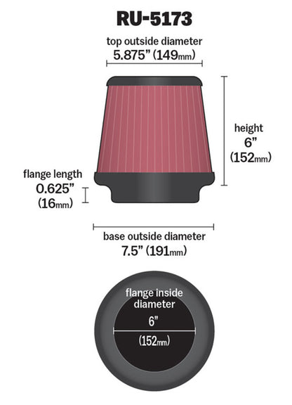 K&N Universal Clamp-On Air Filter 6in FLG / 7-1/2in B / 5-7/8in T / 6in H