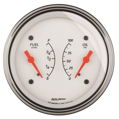 AutoMeter Gauge Dual Fuel & Oilp 3-3/8in. 0 Ohm(e) to 90 Ohm(f)& 100PSI Elec Arctic White AutoMeter Gauges