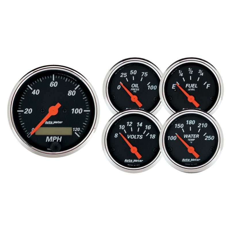 Autometer Designer 3-3/8in & 2-1/16in Kit Box-Elec Speedo & Elec Oil Press H2O Temp Volt Fuel Level AutoMeter Gauges