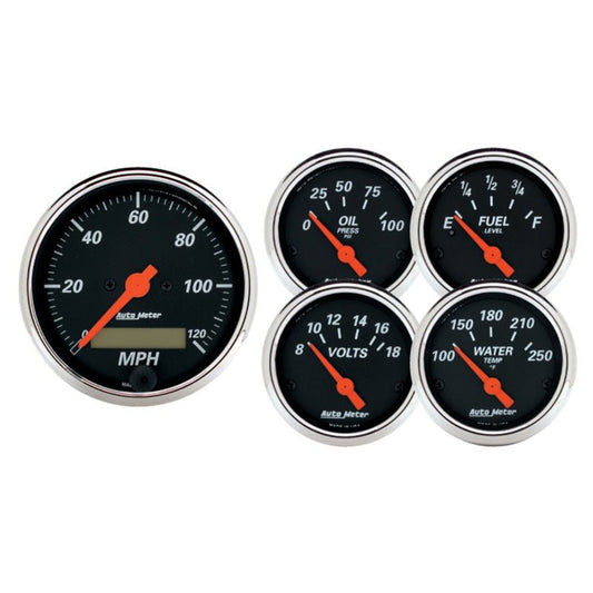 Autometer Designer 3-3/8in & 2-1/16in Kit Box-Elec Speedo & Elec Oil Press H2O Temp Volt Fuel Level AutoMeter Gauges