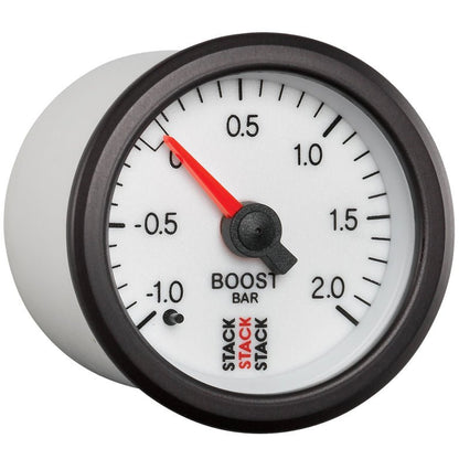 Autometer Stack 52mm -1 to +2 Bar T-Fitting 0.187in Barb (M) Mechanical Boost Pressure Gauge - White AutoMeter Gauges