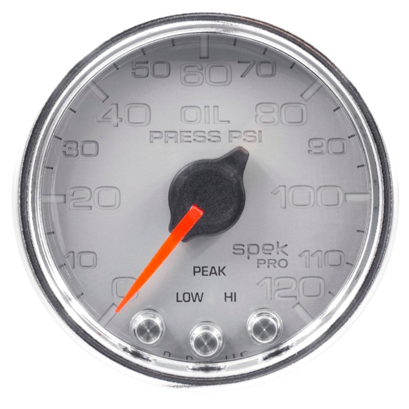 Autometer Spek-Pro Gauge Oil Press 2 1/16in 120psi Stepper Motor W/Peak & Warn Slvr/Chrm AutoMeter Gauges