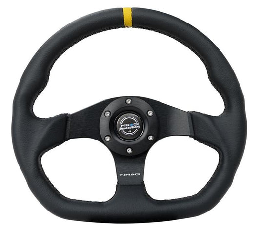 NRG Reinforced Steering Wheel (320mm) Sport Leather Flat Bottom w/ Yellow Center Mark