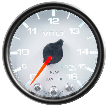 Autometer Spek-Pro Gauge Voltmeter 2 1/16in 16V Stepper Motor W/Peak & Warn Wht/Blk AutoMeter Gauges