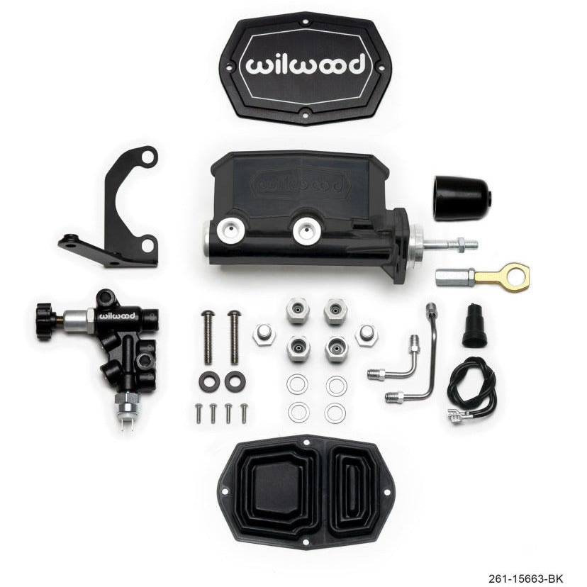 Wilwood Compact Tandem M/C - 7/8in Bore w/RH Bracket and Valve (Mustang Pushrod) - Black Wilwood Brake Master Cylinder