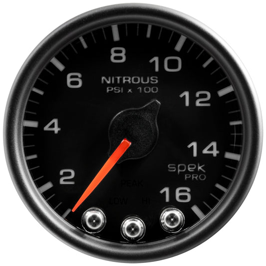 Autometer Spek-Pro Gauge Nitrous Press 2 1/16in 1600psi Stepper Motor W/Peak & Warn Blk/Blk AutoMeter Gauges