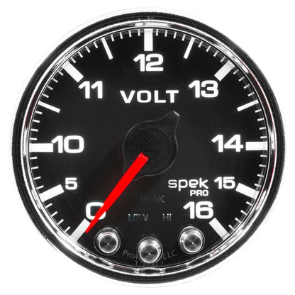 Autometer Spek-Pro Gauge Voltmeter 2 1/16in 16V Stepper Motor W/Peak & Warn Blk/Chrm AutoMeter Gauges