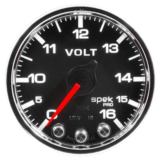 Autometer Spek-Pro Gauge Voltmeter 2 1/16in 16V Stepper Motor W/Peak & Warn Blk/Chrm AutoMeter Gauges