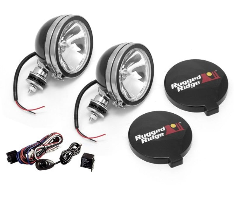 Rugged Ridge 6in Halogen Light Kit Black Steel Housings Rugged Ridge Light Accessories and Wiring