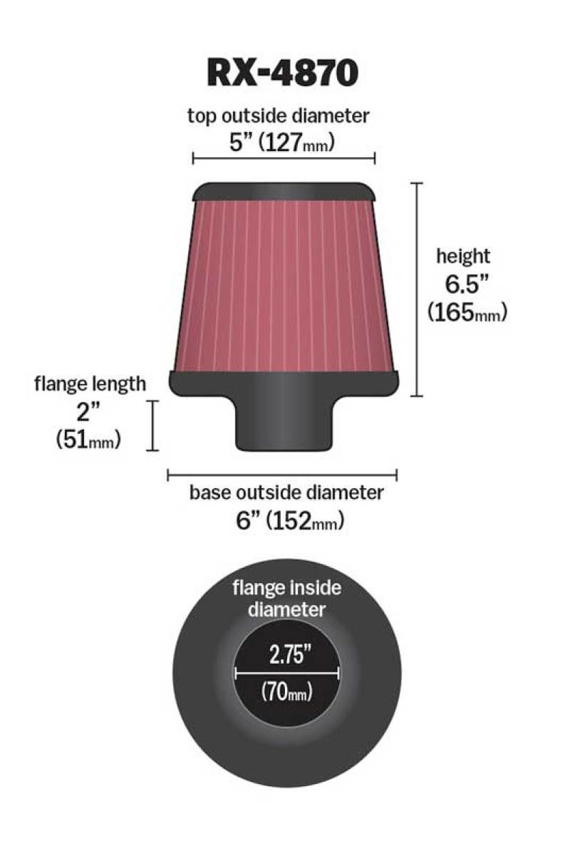 K&N Filter Universal X Stream Clamp-On 2 3/4 inch Flange 6 inch Base  5 inch Top 6 1/2 inch Height