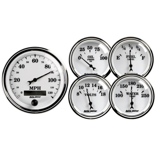Autometer Old Tyme White II 5 Piece Kit (Elec Speed/Oil Press/Water Temp/Volt/Fuel Level) AutoMeter Gauges
