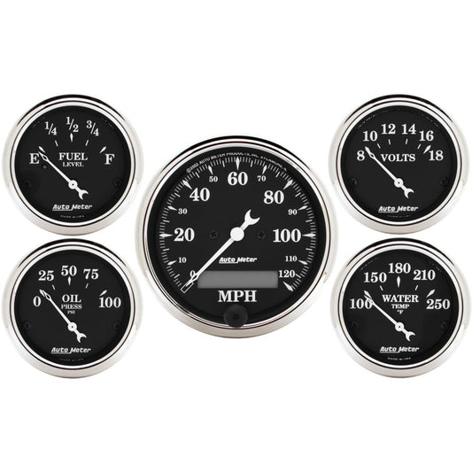 AutoMeter Gauge Kit 5 Pc. 3-1/8in. & 2-1/16in. Elec. Speedometer Old Tyme Black AutoMeter Gauges