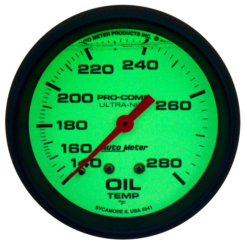 AutoMeter Gauge Oil Temp 2-5/8in. 140-280 Deg. F Liquid Filled Mech Glow In Dark Ultra-Nite AutoMeter Gauges