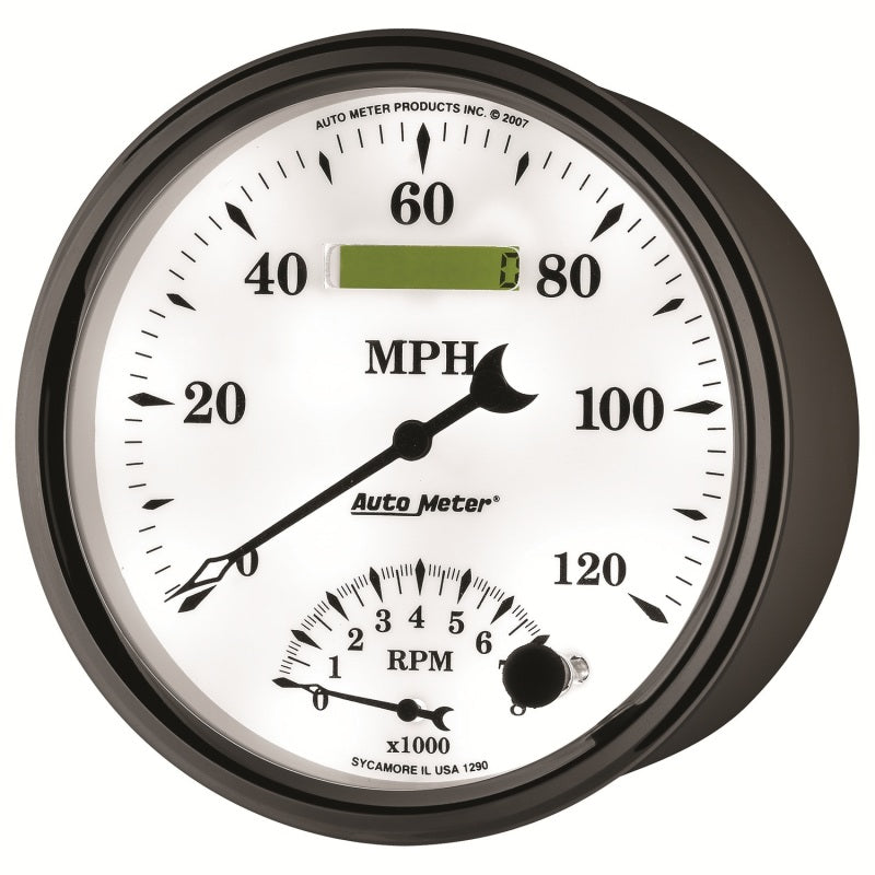 AutoMeter Gauge Tach/Speedo 5in. 120MPH & 8K RPM Elec. Program Old Tyme White II AutoMeter Gauges