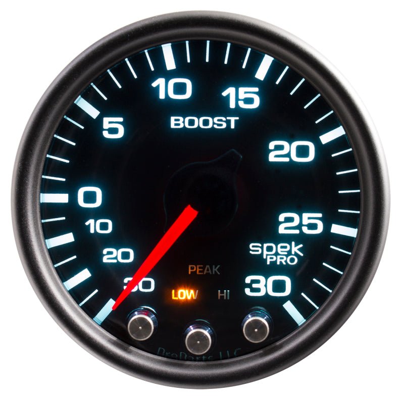 Autometer Spek-Pro Gauge Vac/Boost 2 1/16in 30Inhg-30psi Stepper Motor Peak & Warn Black/Smoke/Black AutoMeter Gauges
