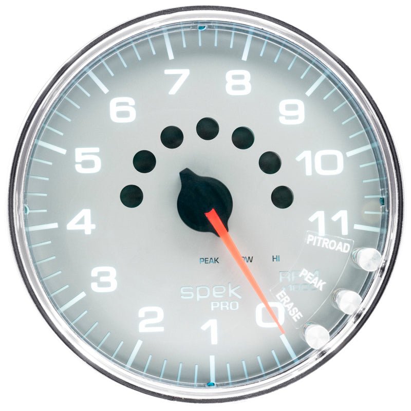 Autometer Spek-Pro Gauge Tachometer 5in 11K Rpm W/Shift Light & Peak Mem Silver/Chrome AutoMeter Gauges
