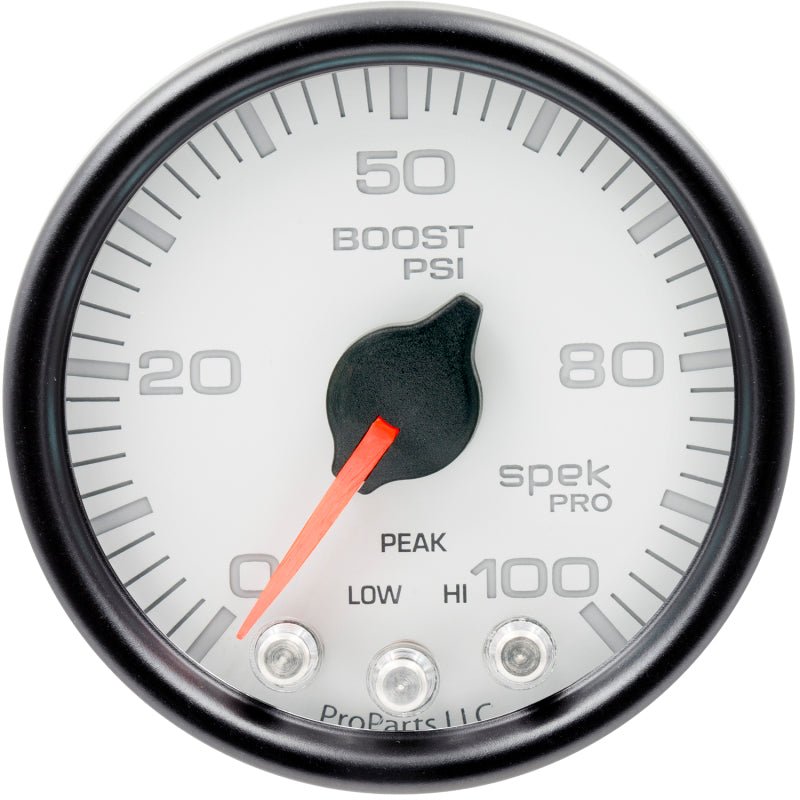 Autometer Spek-Pro Gauge Boost 2 1/16in 100psi Stepper Motor W/Peak & Warn Wht/Blk AutoMeter Gauges