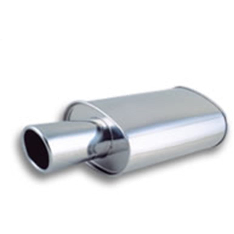 Vibrant StreetPower Turbo Oval Muffler with 4in Round Tip Angle Cut Rolled Edge - 3in inlet I.D. Vibrant Muffler