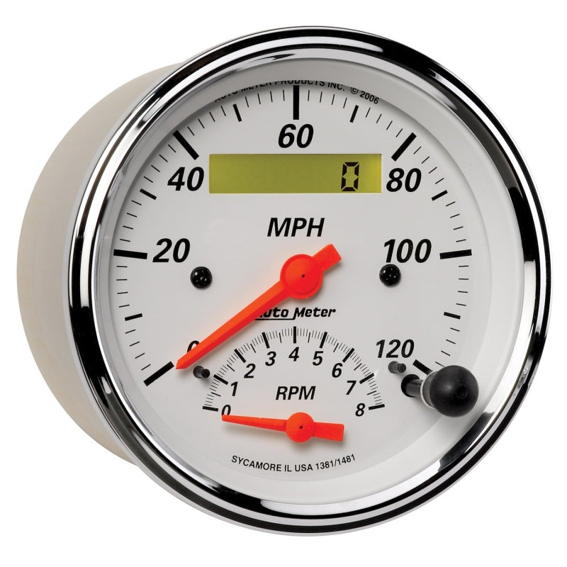 AutoMeter Gauge Tach/Speedo 3-3/8in. 120MPH & 8K RPM Elec. Program. Arctic White AutoMeter Gauges