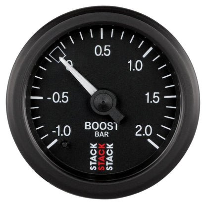 Autometer Stack 52mm -1 to +2 Bar T-Fitting 0.187in Barb (M) Mechanical Boost Pressure Gauge - Black AutoMeter Gauges