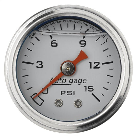 Autometer AutoGage 1.5in Liquid Filled Mechanical 0-15 PSI Fuel Pressure Gauge - White AutoMeter Gauges