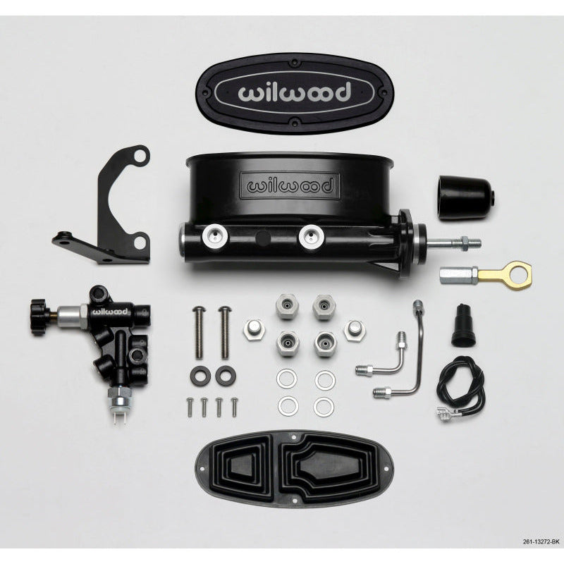 Wilwood HV Tandem M/C Kit w L/H Bracket & Prop Valve - 7/8in Bore Black-W/Push. - Early Mustang Wilwood Brake Master Cylinder