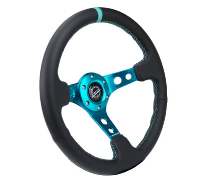 NRG Reinforce Steering Wheel (350mm / 3in. Deep) Blk Leather, Teal Center Mark w/ Teal Stitching