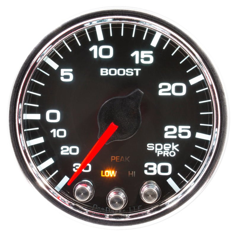 Autometer Spek-Pro Gauge Vac/Boost 2 1/16in 30Inhg-30psi Stepper Motor W/Peak & Warn Black/Chrome AutoMeter Gauges