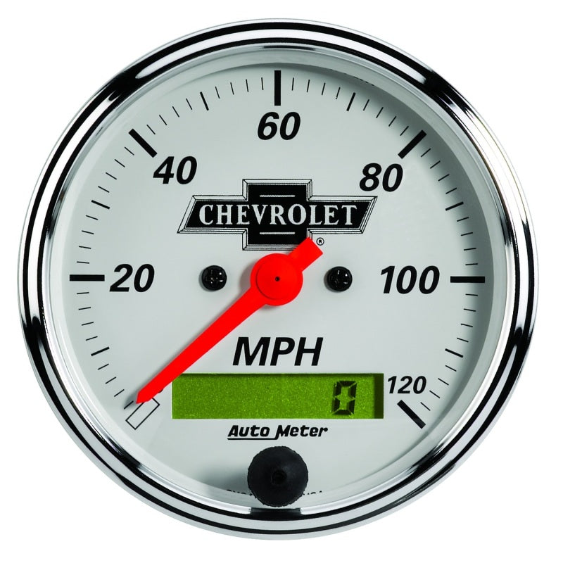 AutoMeter Gauge Speedo 3-1/8in. 120MPH Elec Prog W/ Lcd Odo Chevrolet Heritage Bowtie AutoMeter Gauges