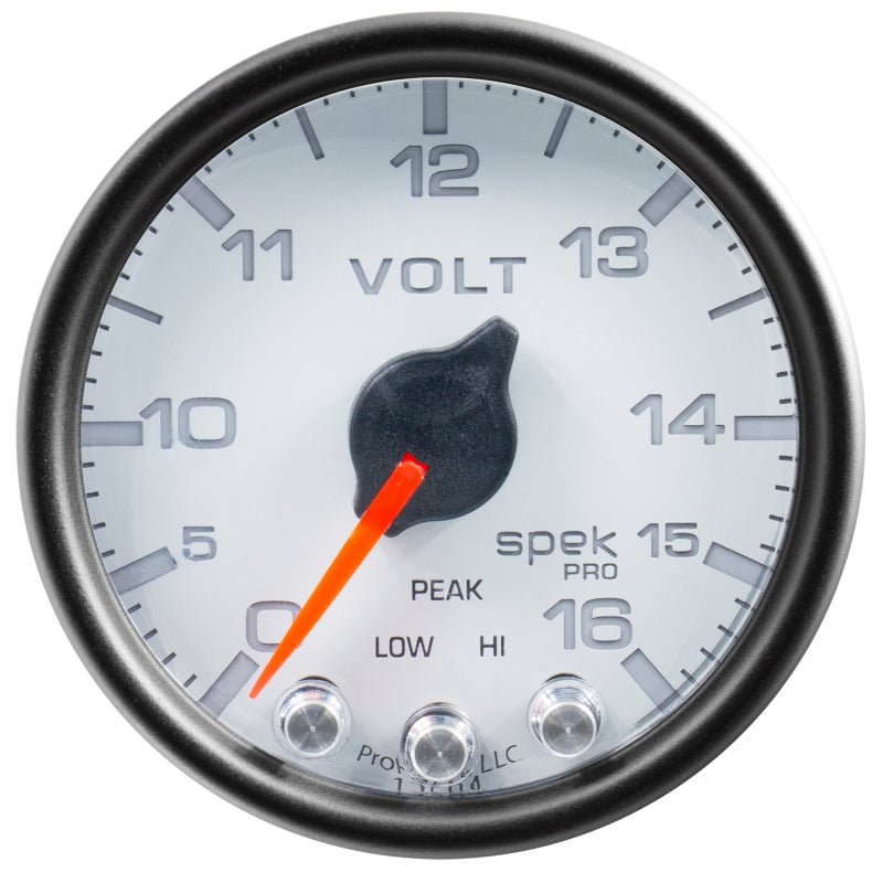 Autometer Spek-Pro Gauge Voltmeter 2 1/16in 16V Stepper Motor W/Peak & Warn Wht/Blk AutoMeter Gauges