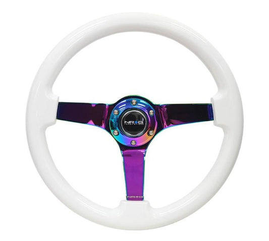 NRG Reinforced Steering Wheel (350mm / 3in. Deep) Classic White w/4mm Neochrome Solid 3-Spoke