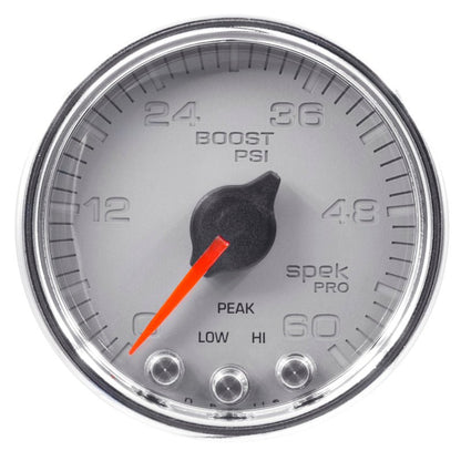 Autometer Spek-Pro Gauge Boost 2 1/16in 60psi Stepper Motor W/Peak & Warn Slvr/Chrm AutoMeter Gauges